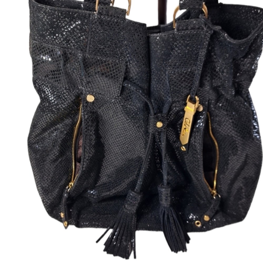 Cole Haan Women's Black Shoulder Bag Shiny Snake Skin Drawstring - Picture 5 of 16